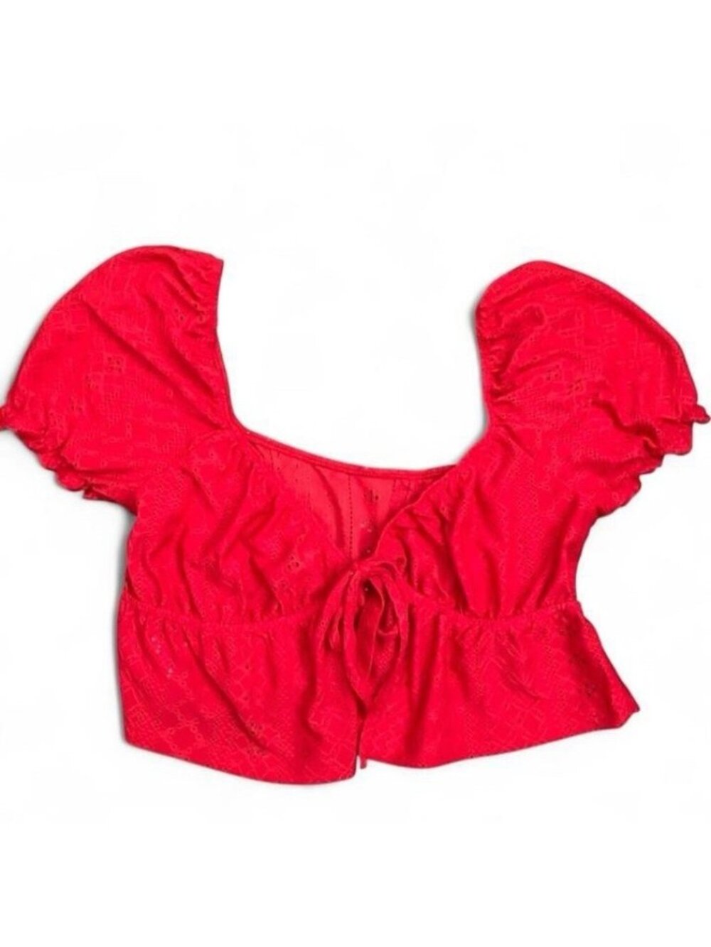 SHEIN Red Square Neck Puff Sleeve Eyelet Smocked Tie Front Crop Top L